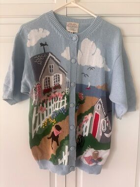 Vintage Susan Bristol Knitted Sweater Shirt Beach Home White Picket Fence Dog
